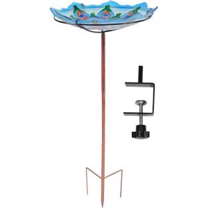 Sunnydaze Glass Bird Bath Bowl – 11.5″ Diameter – Includes Deck Clamp and Staked Stand – Morning Glory(Exquisite Feathers)