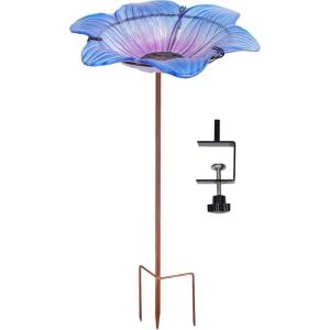 Sunnydaze Glass Bird Bath Bowl – 11.5″ Diameter – Includes Deck Clamp and Staked Stand – Morning Glory(Morning Glory)