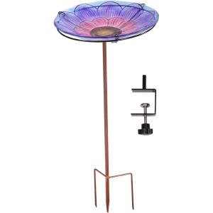Sunnydaze Glass Bird Bath Bowl – 11.5″ Diameter – Includes Deck Clamp and Staked Stand – Morning Glory(Spring Crocus)