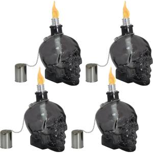 Sunnydaze Grinning Skull Glass Tabletop Torches – Outdoor Patio Lighting – Includes Wicks and Attached Snuffers – Set of 2 Refillable Torches – Clear(Black)