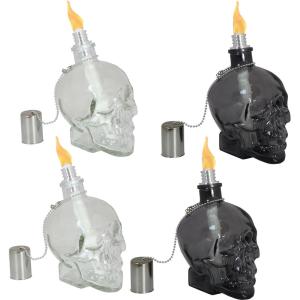 Sunnydaze Grinning Skull Glass Tabletop Torches – Outdoor Patio Lighting – Includes Wicks and Attached Snuffers – Set of 2 Refillable Torches – Clear(Black/Clear)