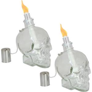 Sunnydaze Grinning Skull Glass Tabletop Torches – Outdoor Patio Lighting – Includes Wicks and Attached Snuffers – Set of 2 Refillable Torches – Clear(Clear)