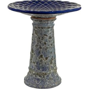 Sunnydaze Rennes Outdoor Ceramic Bird Bath – 22.5″ H – UV- and Frost-Resistant – Glazed Bowl and Pedestal with Turquoise Finish(Blue Glazed with Lava Distressed Pedestal)