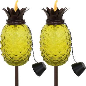 Sunnydaze Tropical Pineapple Glass Patio Torches Set of 2 – 23 to 63-Inch Outdoor Lawn Torch, Garden, Deck & Backyard – Yellow(Yellow)
