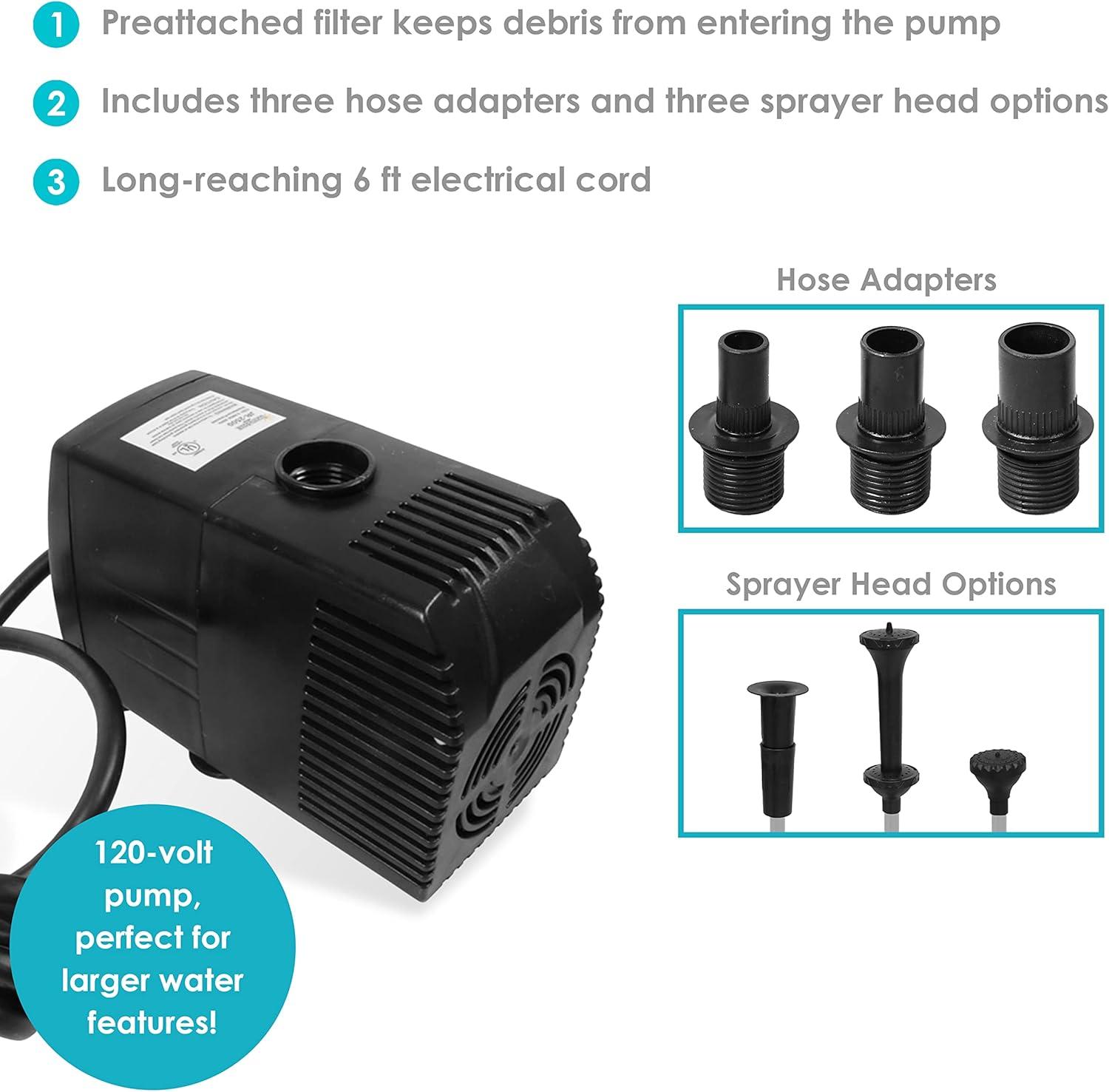 imageSunnydaze 660 GPH Submersible Pump with Filter  3 Spray Heads  120 Volts  For Ponds or Outdoor Fountains