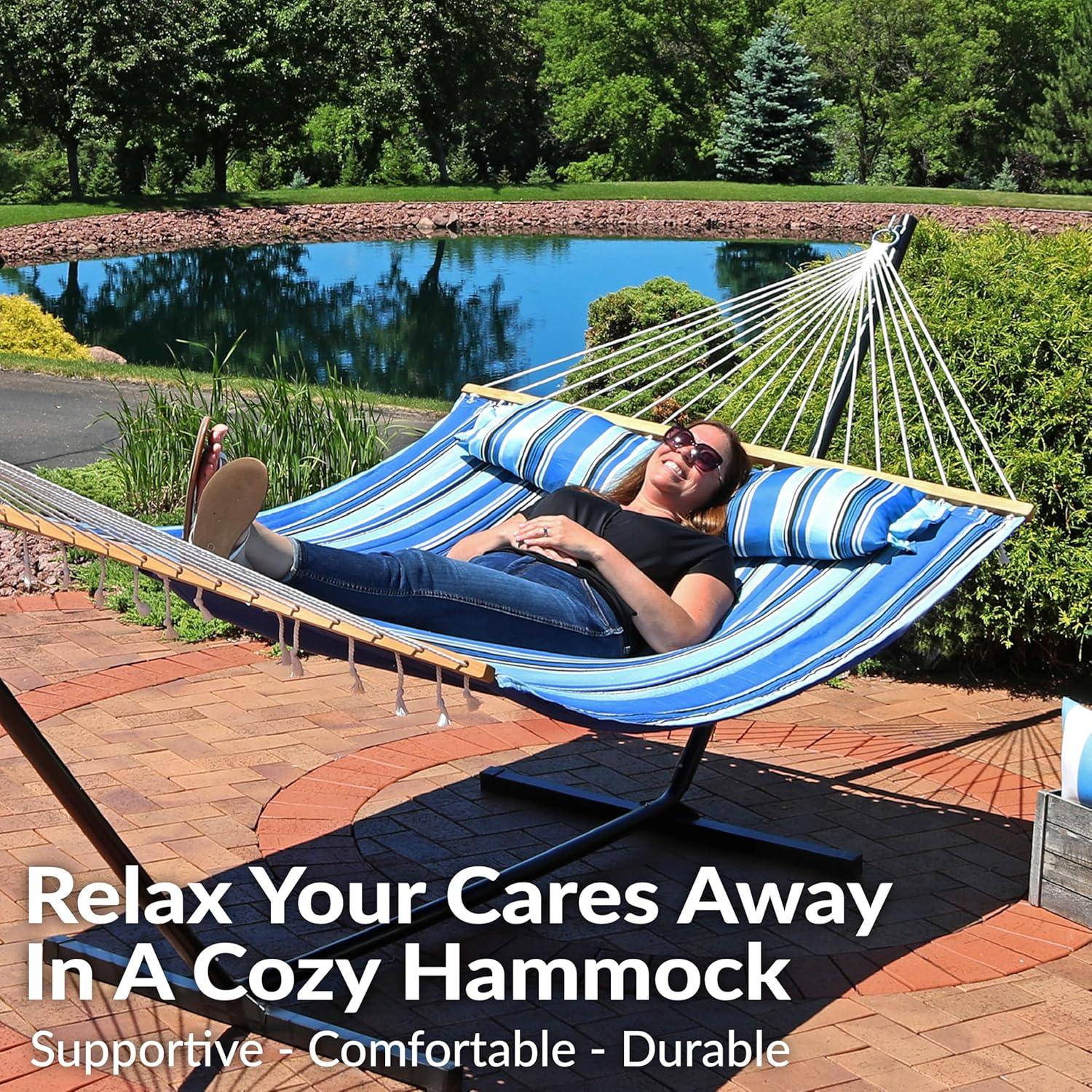 imageSunnydaze Quilted Outdoor Hammock with Spreader Bars HeavyDuty 450Pound Capacity Double Hammock for Outside Misty Beach