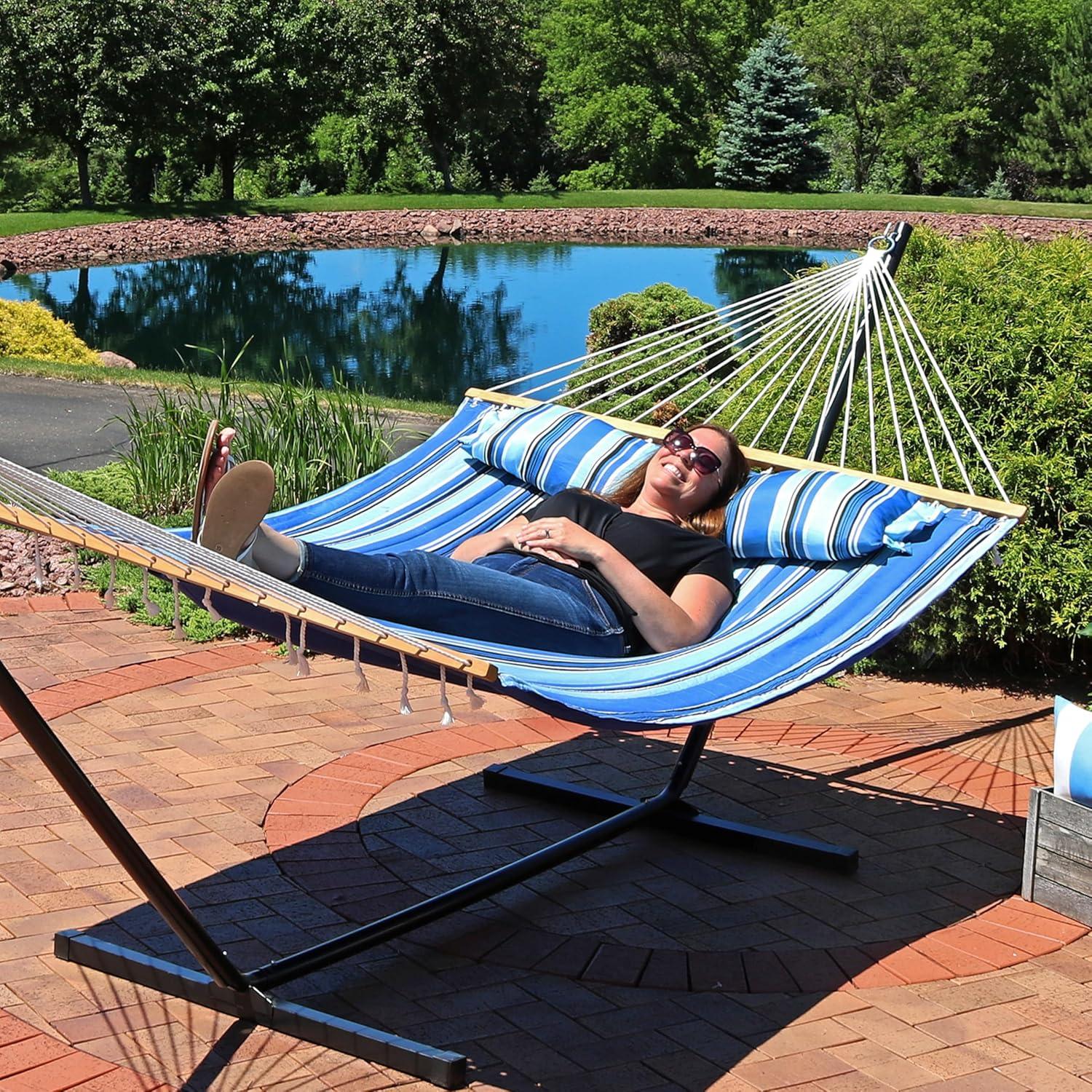 imageSunnydaze Quilted Outdoor Hammock with Spreader Bars HeavyDuty 450Pound Capacity Double Hammock for Outside Misty Beach