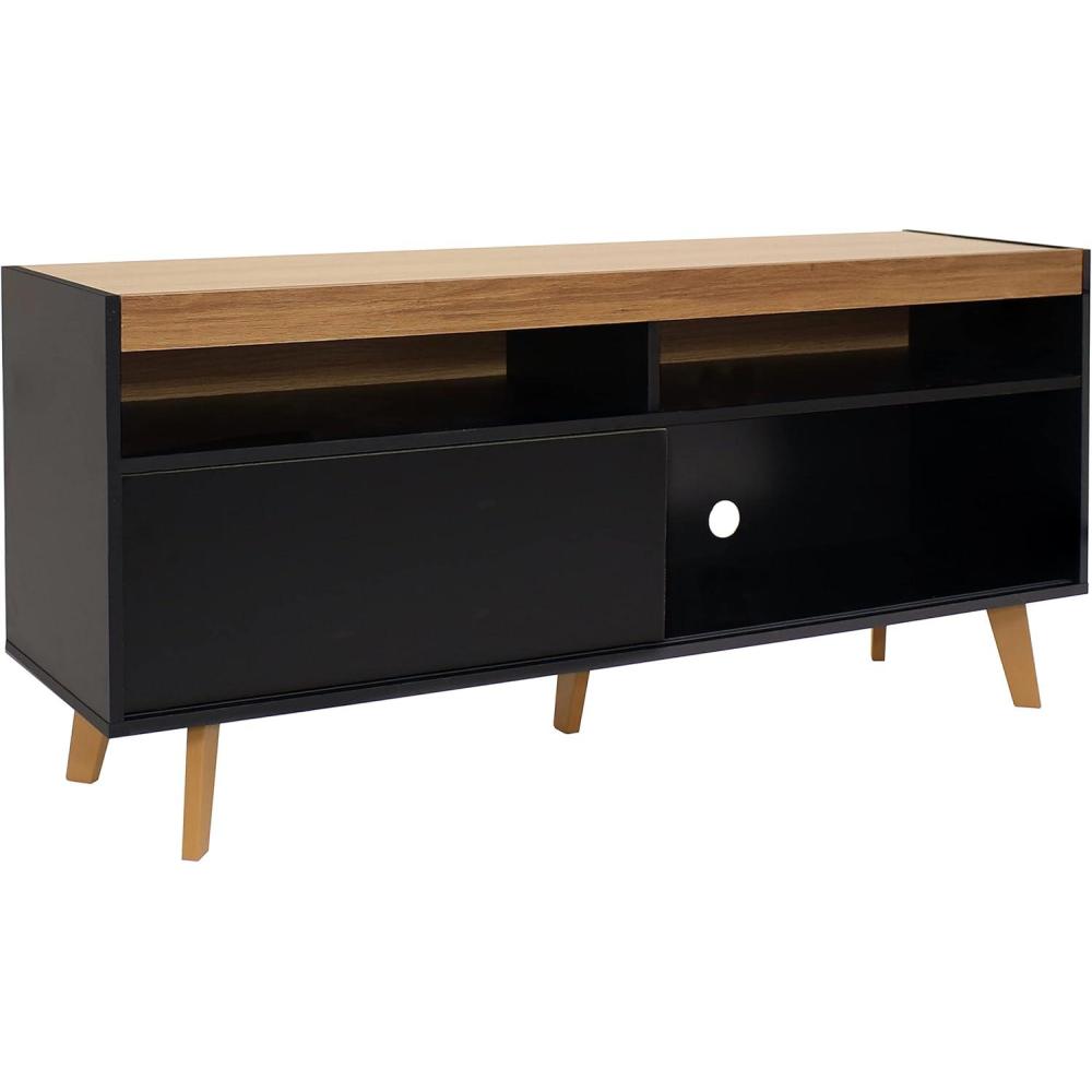 imageSunnydaze MidCentury Modern TV Stand for 58Inch TV Entertainment Stand for Living Room Den or Family Room TV Media Console with Storage and Shelves BlackBlack