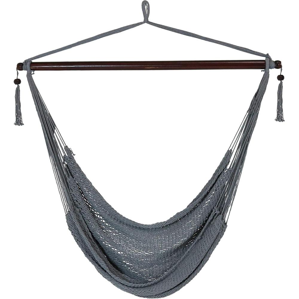 imageSunnydaze Outdoor Hammock Chair Swing Hanging Hammock Swing Hanging Reading Chair SoftSpun Polyester Rope Caribbean XL TanGrey