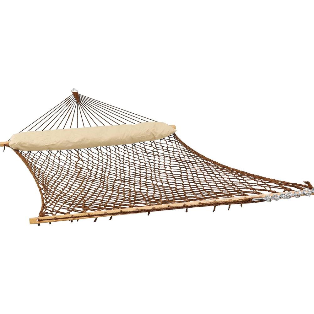 imageSunnydaze Polyester Rope Double Hammock with Spreader Bars  400Pound Capacity  White with Navy and Gray Octagon PillowBrown