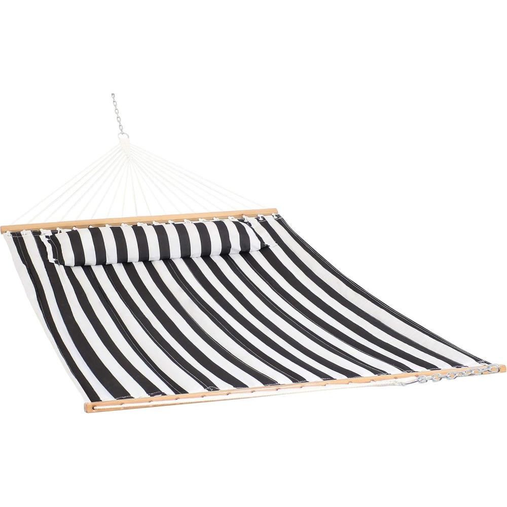 imageSunnydaze Quilted Outdoor Hammock with Spreader Bars HeavyDuty 450Pound Capacity Double Hammock for Outside Black and WhiteBlack White