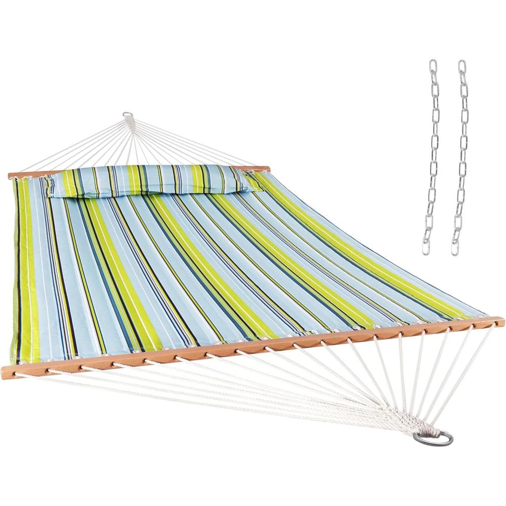 imageSunnydaze Quilted Outdoor Hammock with Spreader Bars HeavyDuty 450Pound Capacity Double Hammock for Outside Black and WhiteBlue and Green