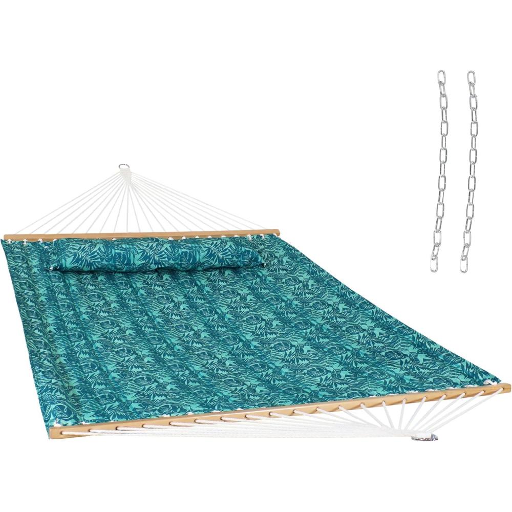 imageSunnydaze Quilted Outdoor Hammock with Spreader Bars HeavyDuty 450Pound Capacity Double Hammock for Outside Black and WhiteCool Blue Tropics