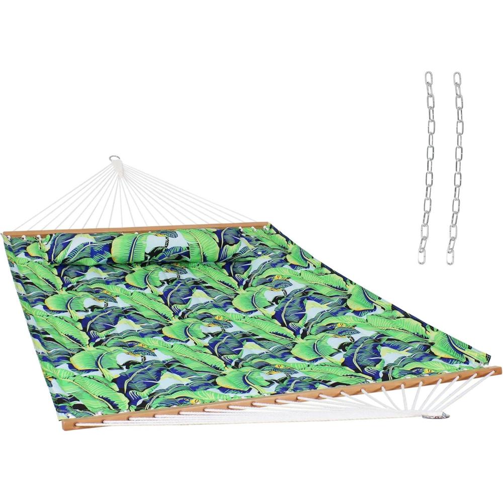 imageSunnydaze Quilted Outdoor Hammock with Spreader Bars HeavyDuty 450Pound Capacity Double Hammock for Outside Black and WhiteExotic Foliage