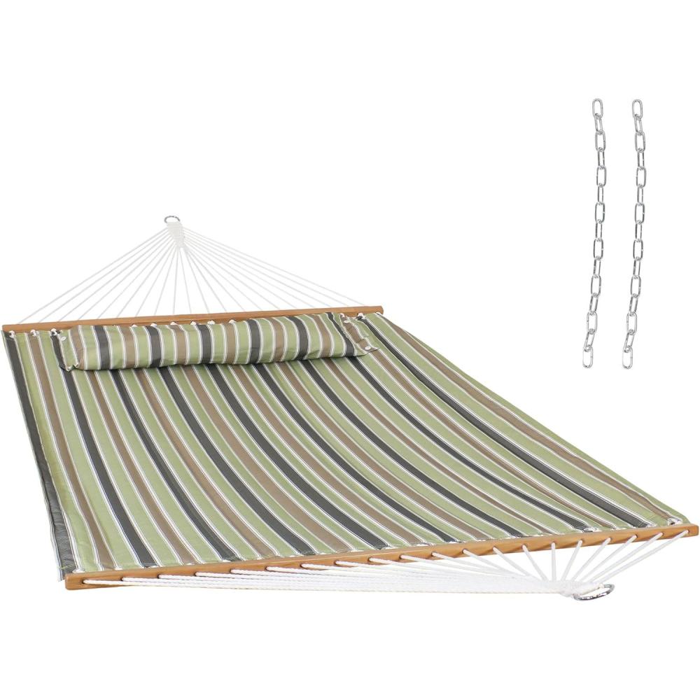 imageSunnydaze Quilted Outdoor Hammock with Spreader Bars HeavyDuty 450Pound Capacity Double Hammock for Outside Black and WhiteKhaki Stripe