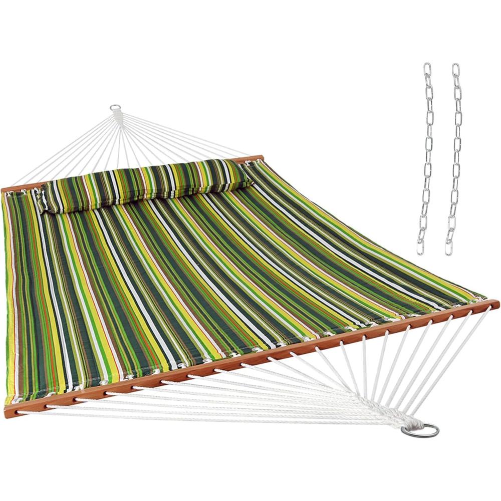 imageSunnydaze Quilted Outdoor Hammock with Spreader Bars HeavyDuty 450Pound Capacity Double Hammock for Outside Black and WhiteMelon Stripe