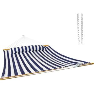 Sunnydaze Extra Large Quilted Hammock with Spreader Bars – 2-Person Hammock for Outside – Blue and White Stripe