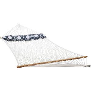 Sunnydaze Polyester Rope Double Hammock with Spreader Bars – 400-Pound Capacity – White with Navy and Gray Octagon Pillow(White)