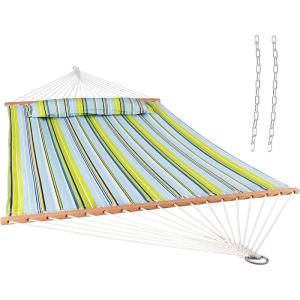 Sunnydaze Quilted Outdoor Hammock with Spreader Bars – Heavy-Duty 450-Pound Capacity Double Hammock for Outside – Black and White(Blue and Green)