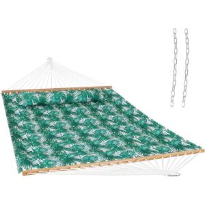 Sunnydaze Quilted Outdoor Hammock with Spreader Bars – Heavy-Duty 450-Pound Capacity Double Hammock for Outside – Black and White(Green Palm Leaves)