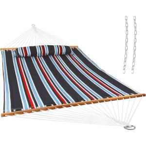 Sunnydaze Quilted Outdoor Hammock with Spreader Bars – Heavy-Duty 450-Pound Capacity Double Hammock for Outside – Black and White(Nautical Stripe)
