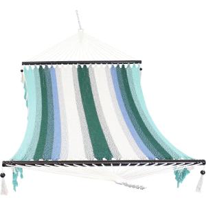 Sunnydaze Woven Double Hammock for Outside with Crocheted Edges and Spreader Bars – 600-Pound Weight Capacity Outdoor Hammock for Trees – Lagoon Stripes(Lagoon Stripes)