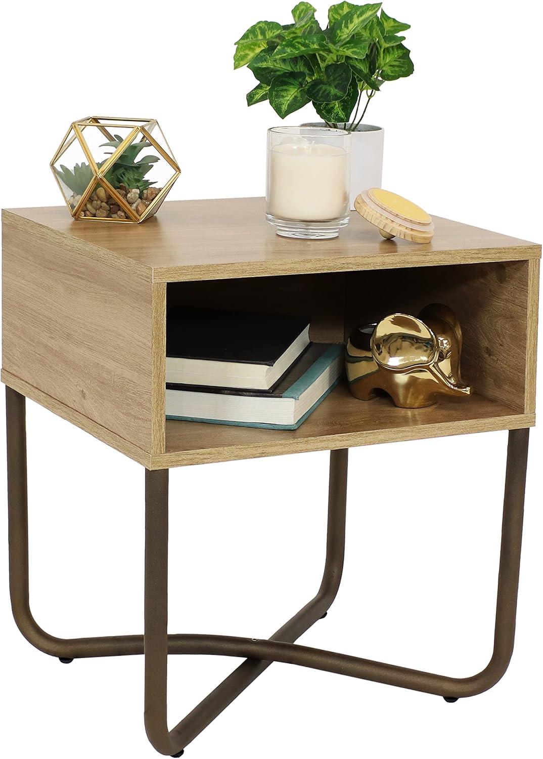 imageSunnydaze 1975Inch H Open Shelf MDP IndustrialStyle Nightstand with PowderCoated Steel Cross Base Brown