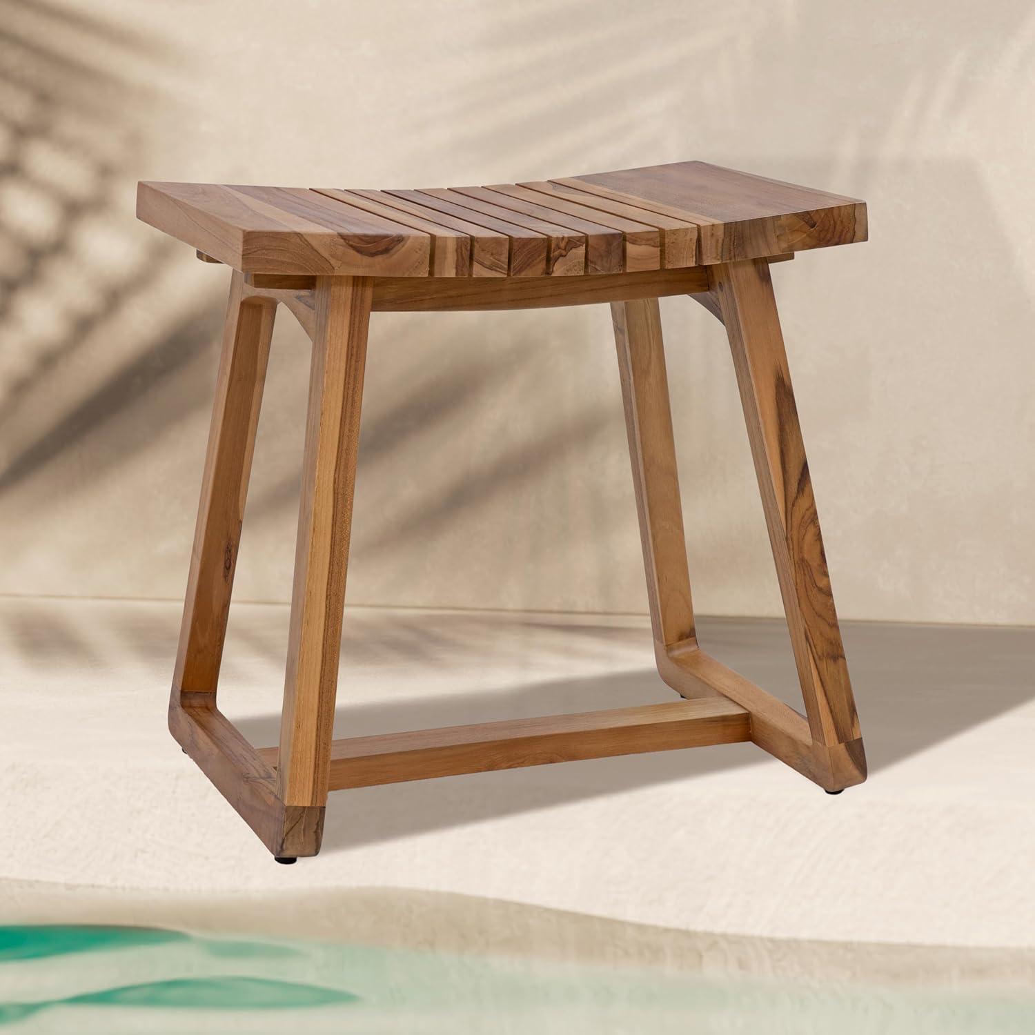 imageSunnydaze 19quot Teak Shower Bench Seat WaterResistant Small Shower Stool Wooden Bathroom Bench 325 lb Capacity