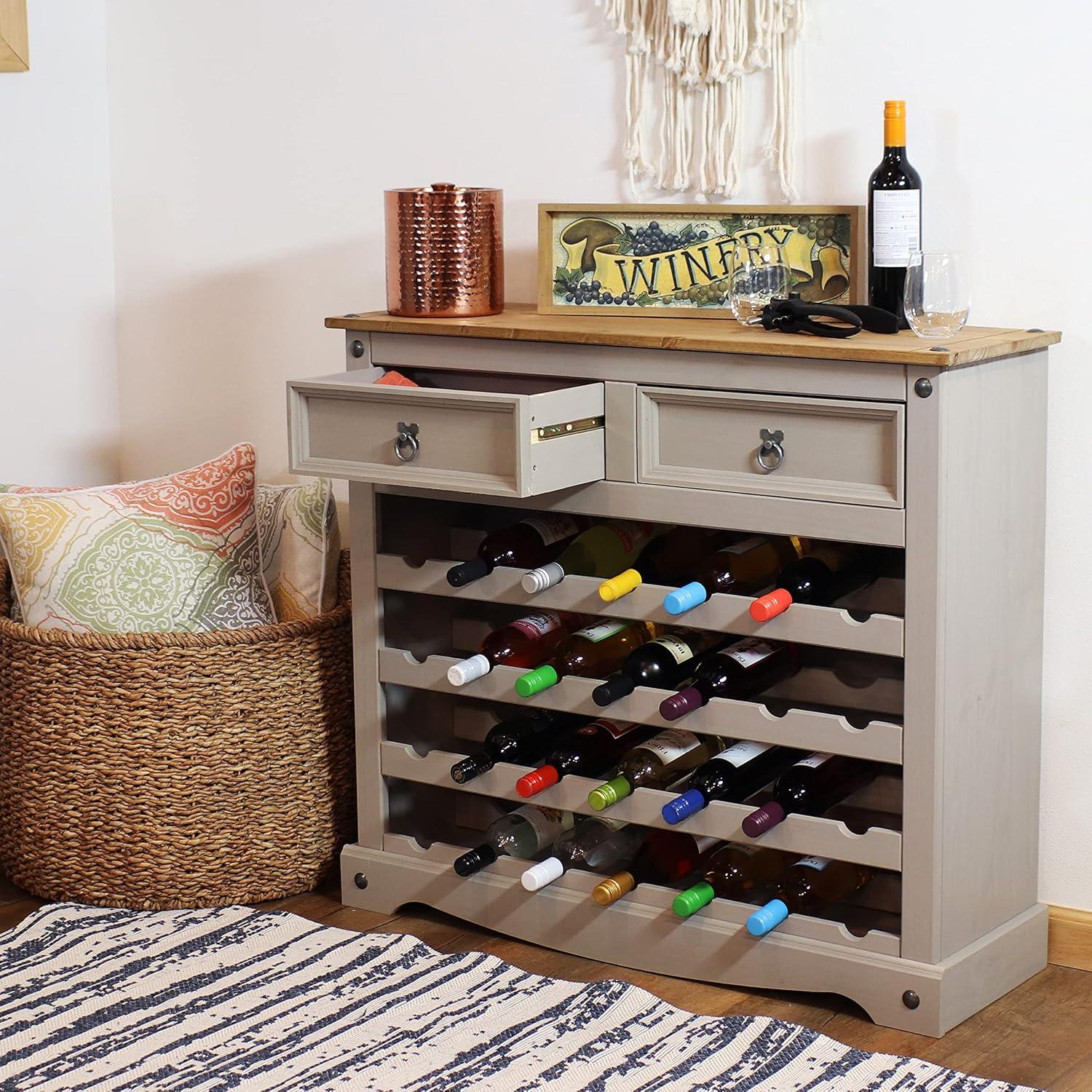 imageSunnydaze 345Inch H 28Bottle Solid Pine Wine Rack Table Four 7Bottle Rows 2 Drawers Zinc Alloy Drawer Pulls Gray