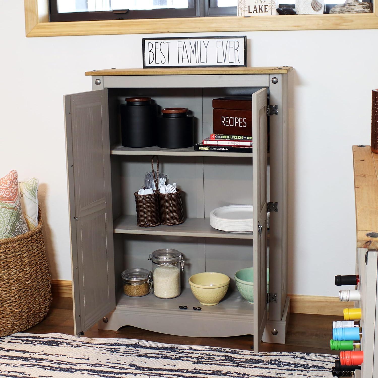 imageSunnydaze 43Inch H 2Door 2Shelf Solid Pine Kitchen Pantry Cabinet Zinc Alloy Hinges and Door Pulls Gray