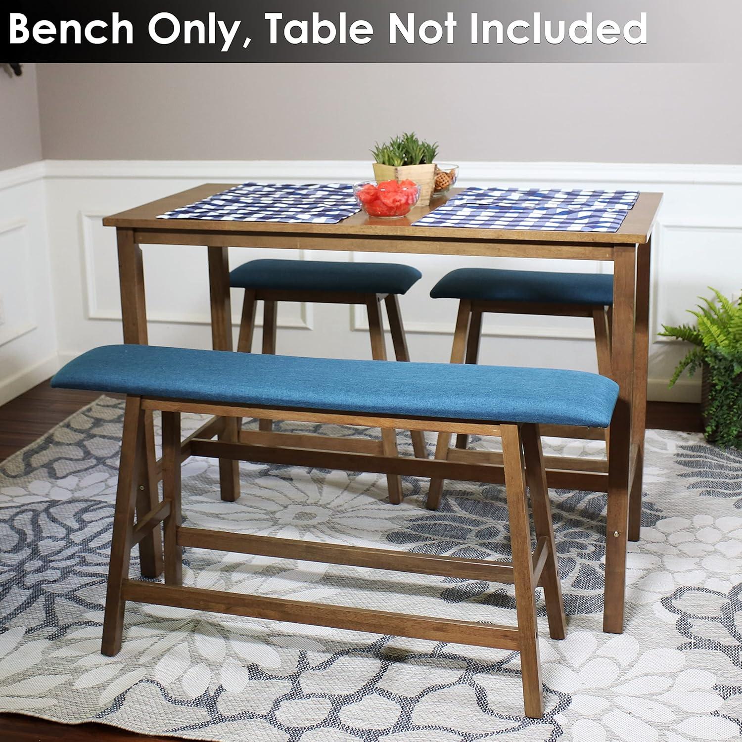 imageSunnydaze CounterHeight Solid Rubberwood Backless Dining Bench Weathered Oak Finish with Blue Cushion
