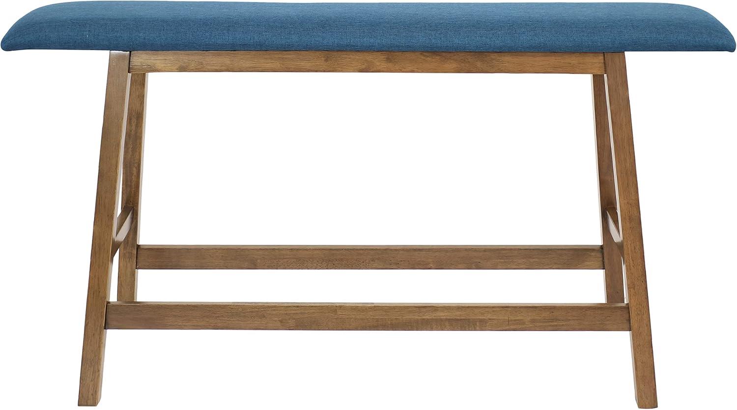 imageSunnydaze CounterHeight Solid Rubberwood Backless Dining Bench Weathered Oak Finish with Blue Cushion