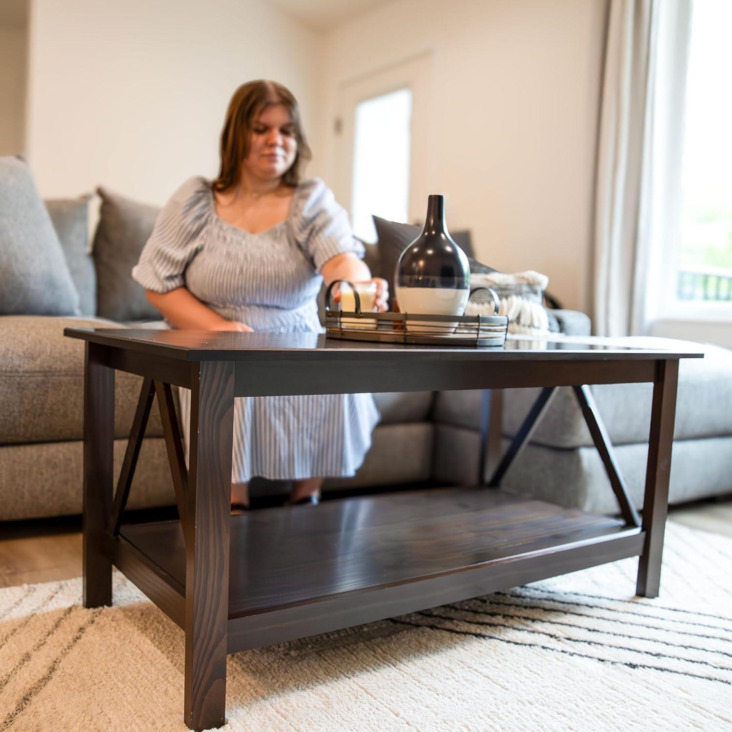 imageSunnydaze Dark Wood Coffee Table with Storage Shelf Indoor Solid Pine Wood Center Table for Living Room Dark Brown 435quot W