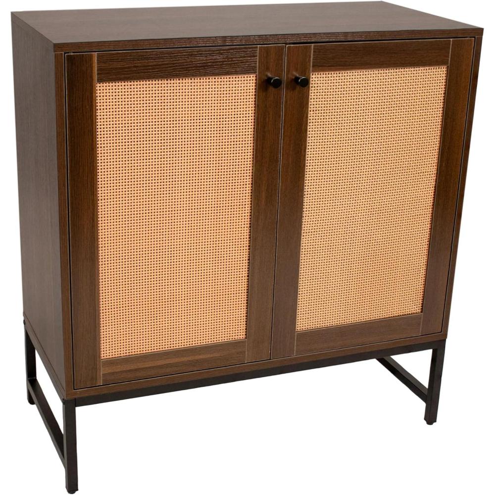 imageSunnydaze 2Door Rattan Storage Cabinet Sideboard Buffet Cabinet with Adjustable Shelf and Rattan Doors Oak Wood Look Dark BrownDark Brown