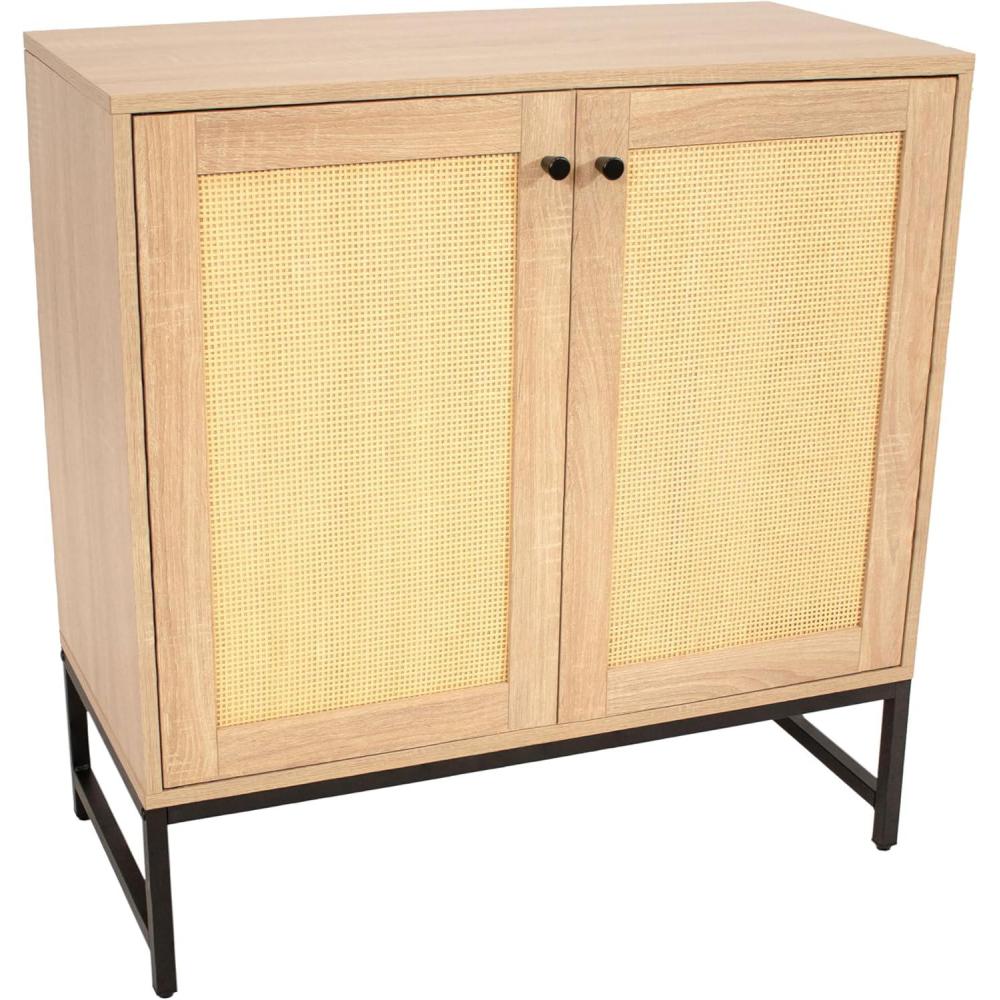 imageSunnydaze 2Door Rattan Storage Cabinet Sideboard Buffet Cabinet with Adjustable Shelf and Rattan Doors Oak Wood Look Dark BrownLight Oak