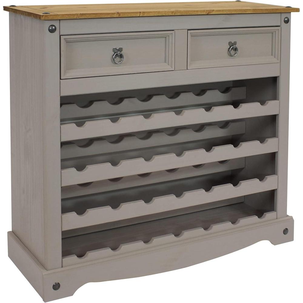 imageSunnydaze 345Inch H 28Bottle Solid Pine Wine Rack Table Four 7Bottle Rows 2 Drawers Zinc Alloy Drawer Pulls Gray