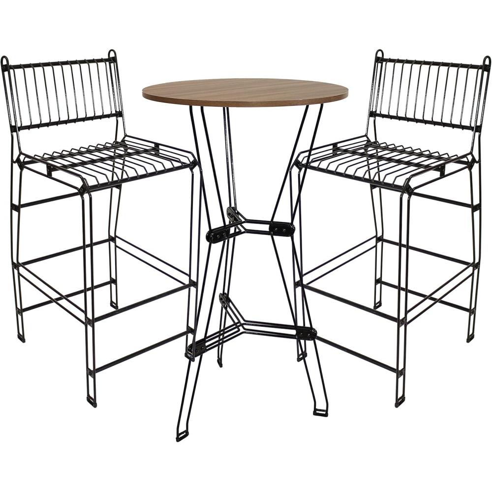 imageSunnydaze 3Piece Steel Wire Bar Table and Chairs Set with Faux Woodgrain Tabletop Black