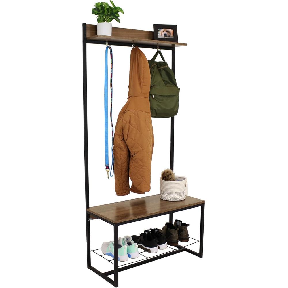 imageSunnydaze 67Inch H IndustrialStyle Hall Tree with Coat Rack Shoe Bench Wood Look with PowderCoated Steel Frame Brown