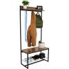 Sunnydaze 67-Inch H Industrial-Style Hall Tree with Coat Rack, Shoe Bench – Wood Look with Powder-Coated Steel Frame – Brown
