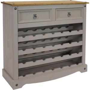Sunnydaze 34.5-Inch H 28-Bottle Solid Pine Wine Rack Table – Four 7-Bottle Rows – 2 Drawers – Zinc Alloy Drawer Pulls – Gray