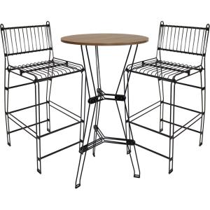 Sunnydaze 3-Piece Steel Wire Bar Table and Chairs Set with Faux Woodgrain Tabletop – Black