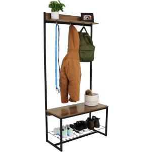 Sunnydaze 67-Inch H Industrial-Style Hall Tree with Coat Rack, Shoe Bench – Wood Look with Powder-Coated Steel Frame – Brown