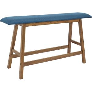 Sunnydaze Counter-Height Solid Rubberwood Backless Dining Bench – Weathered Oak Finish with Blue Cushion