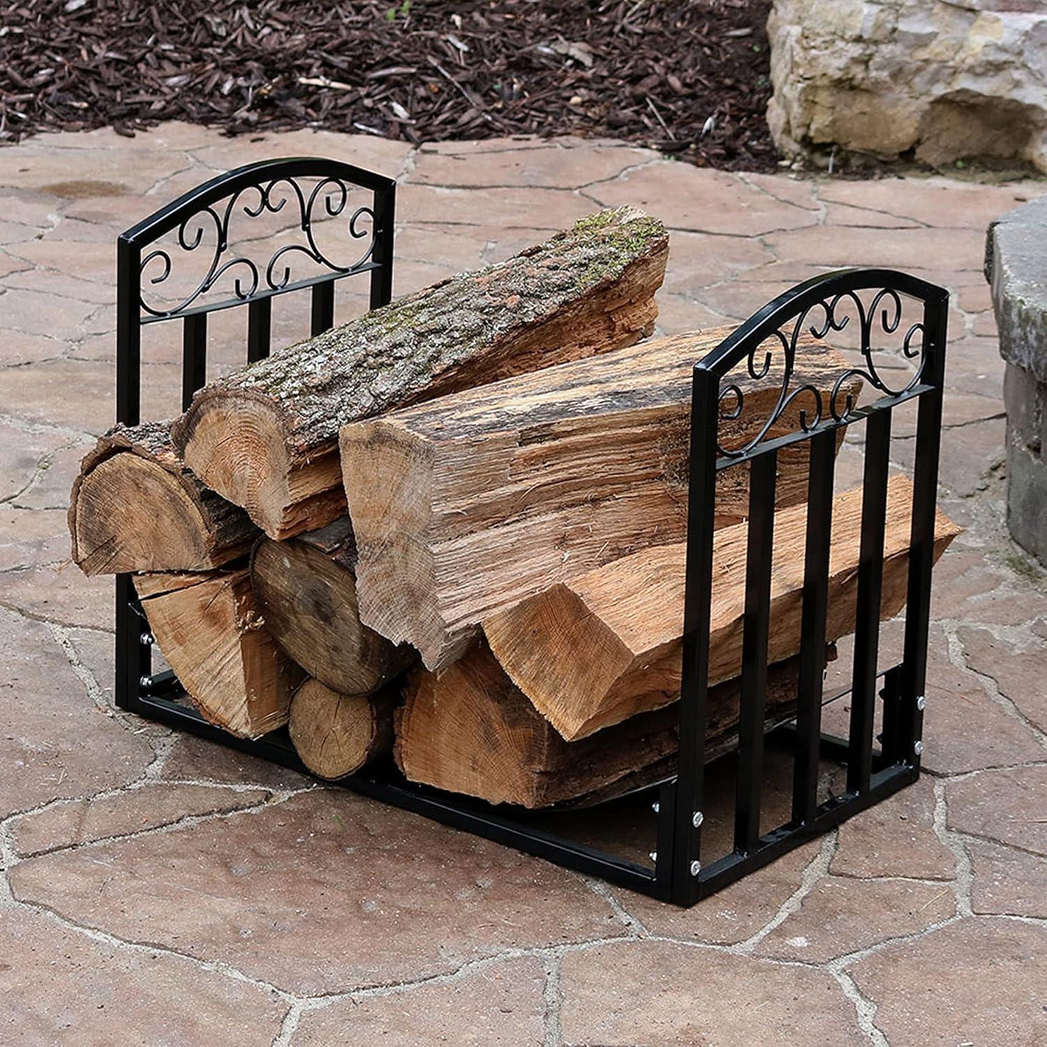 imageSunnydaze 2Foot Firewood Log Rack IndoorOutdoor Black Steel Decorative Fireplace Wood Storage Holder 200lb Capacity