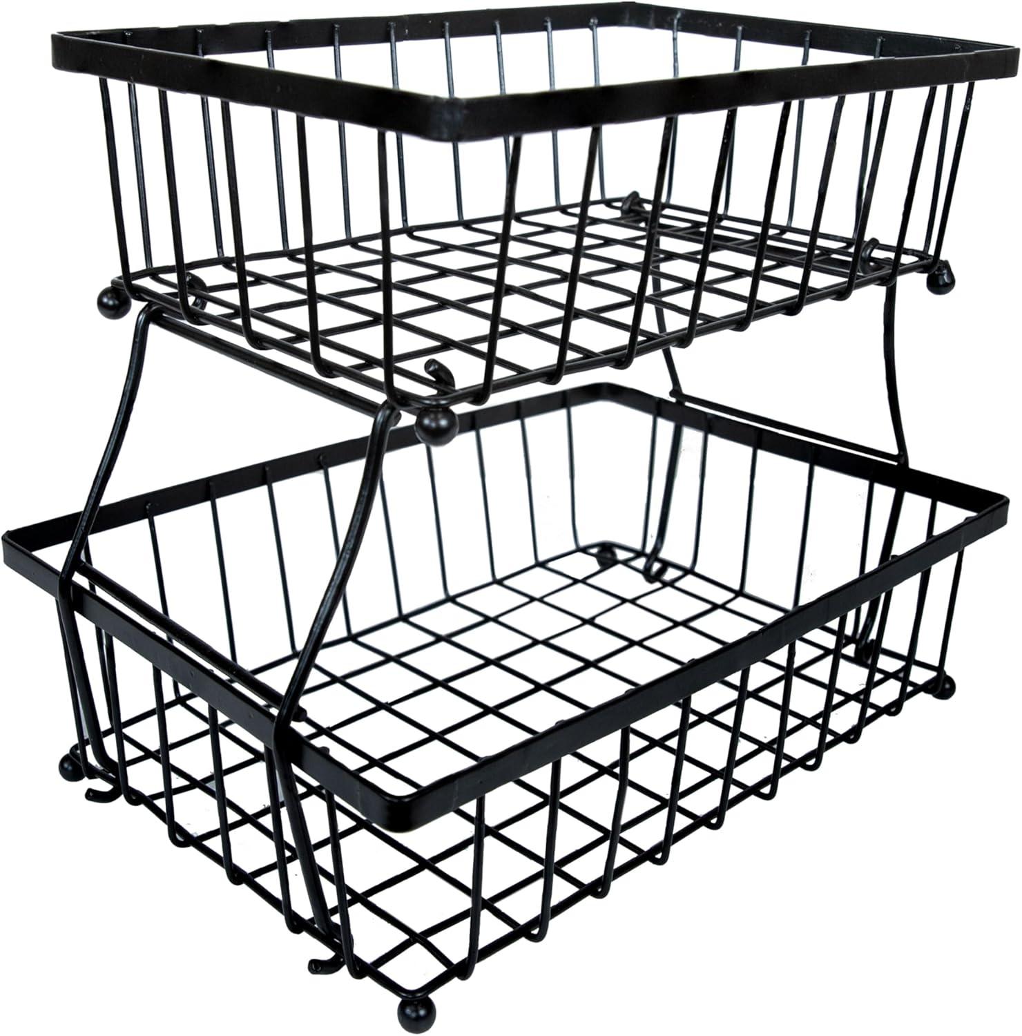 imageSunnydaze 2Tier Fruit Basket for Kitchen Counter Metal Wire Rustic Storage Basket for the Countertop Black 1525quot W