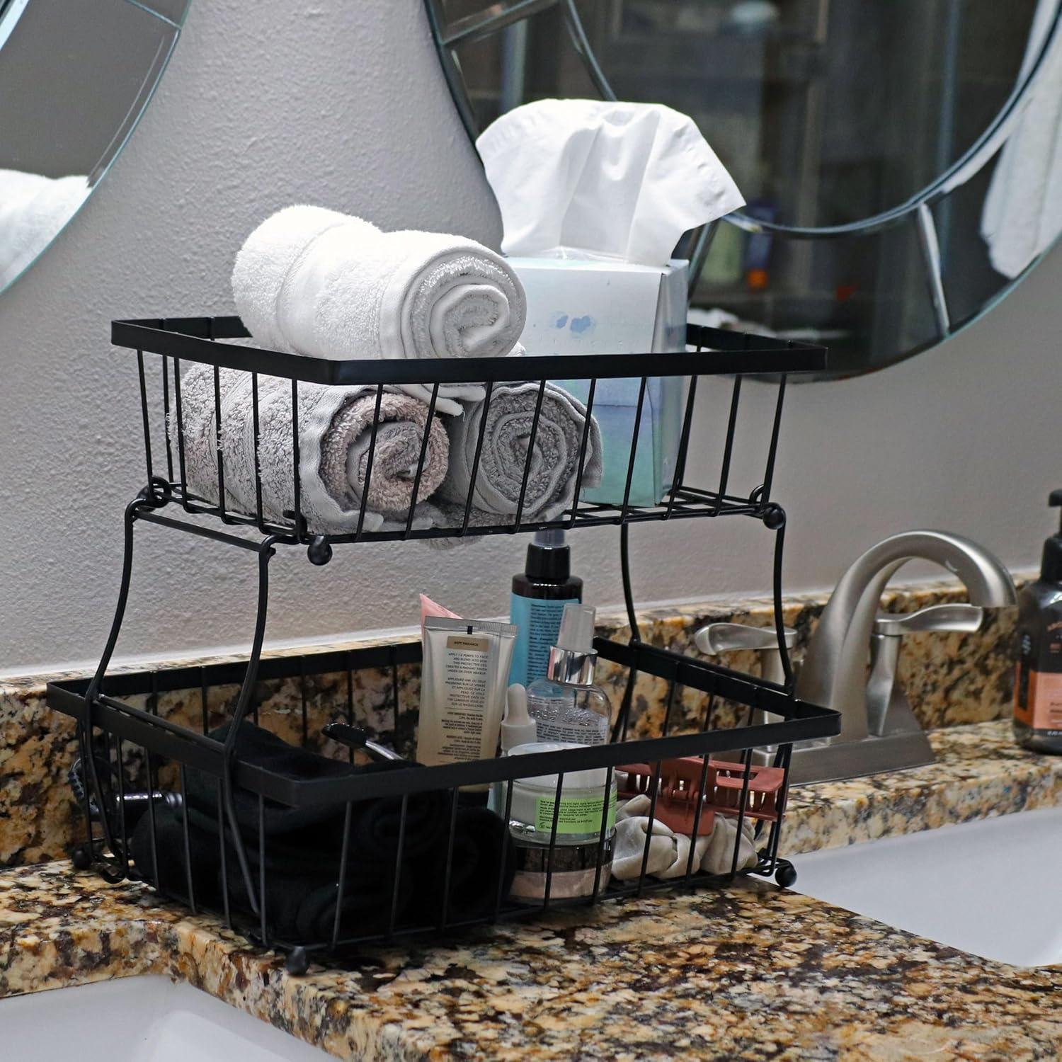 imageSunnydaze 2Tier Fruit Basket for Kitchen Counter Metal Wire Rustic Storage Basket for the Countertop Black 1525quot W