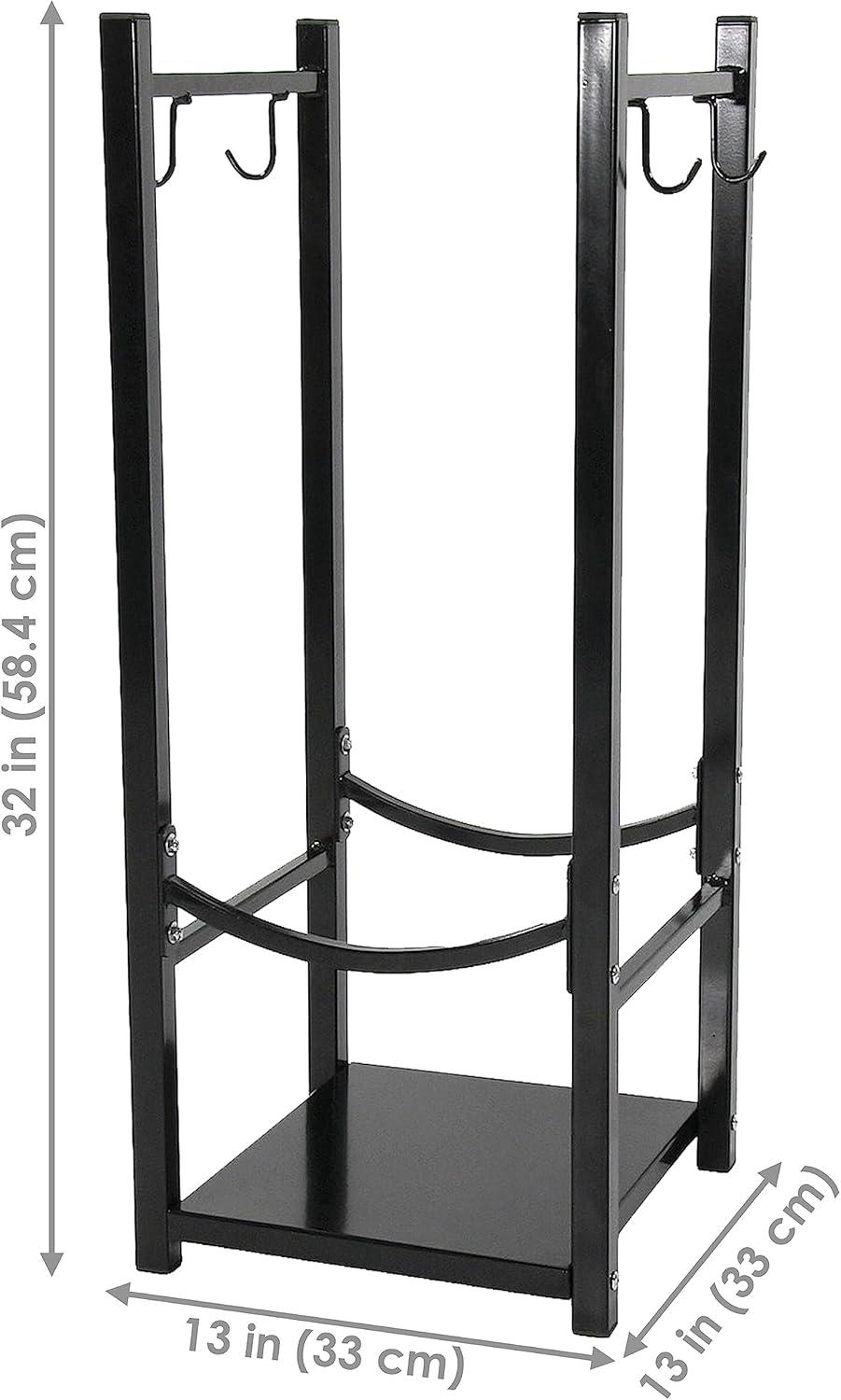 imageSunnydaze 32quot Indoor Firewood Rack with Hooks for Tools Outdoor Fireplace Log Holder for Wood Storage 200lb Capacity BlackBlack