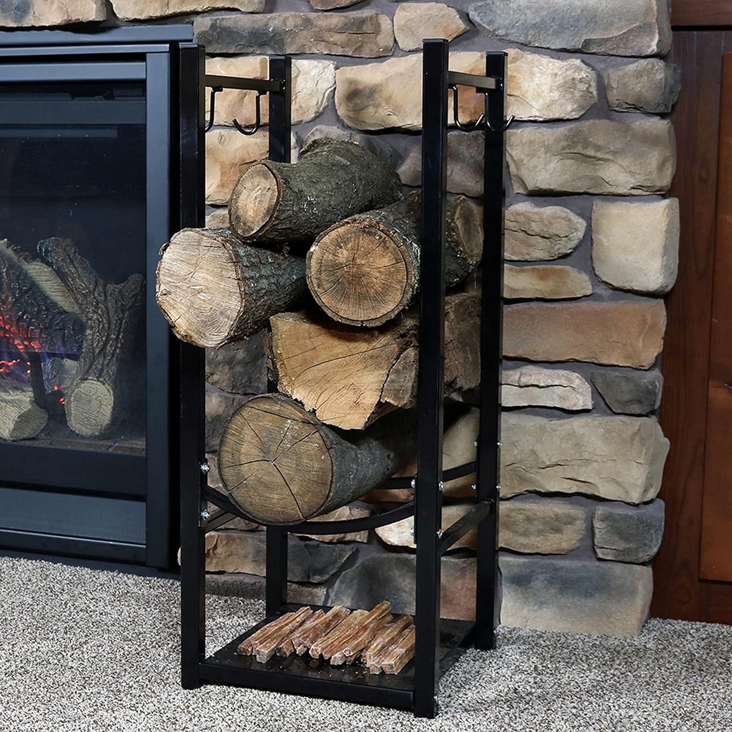 imageSunnydaze 32quot Indoor Firewood Rack with Hooks for Tools Outdoor Fireplace Log Holder for Wood Storage 200lb Capacity BlackBlack