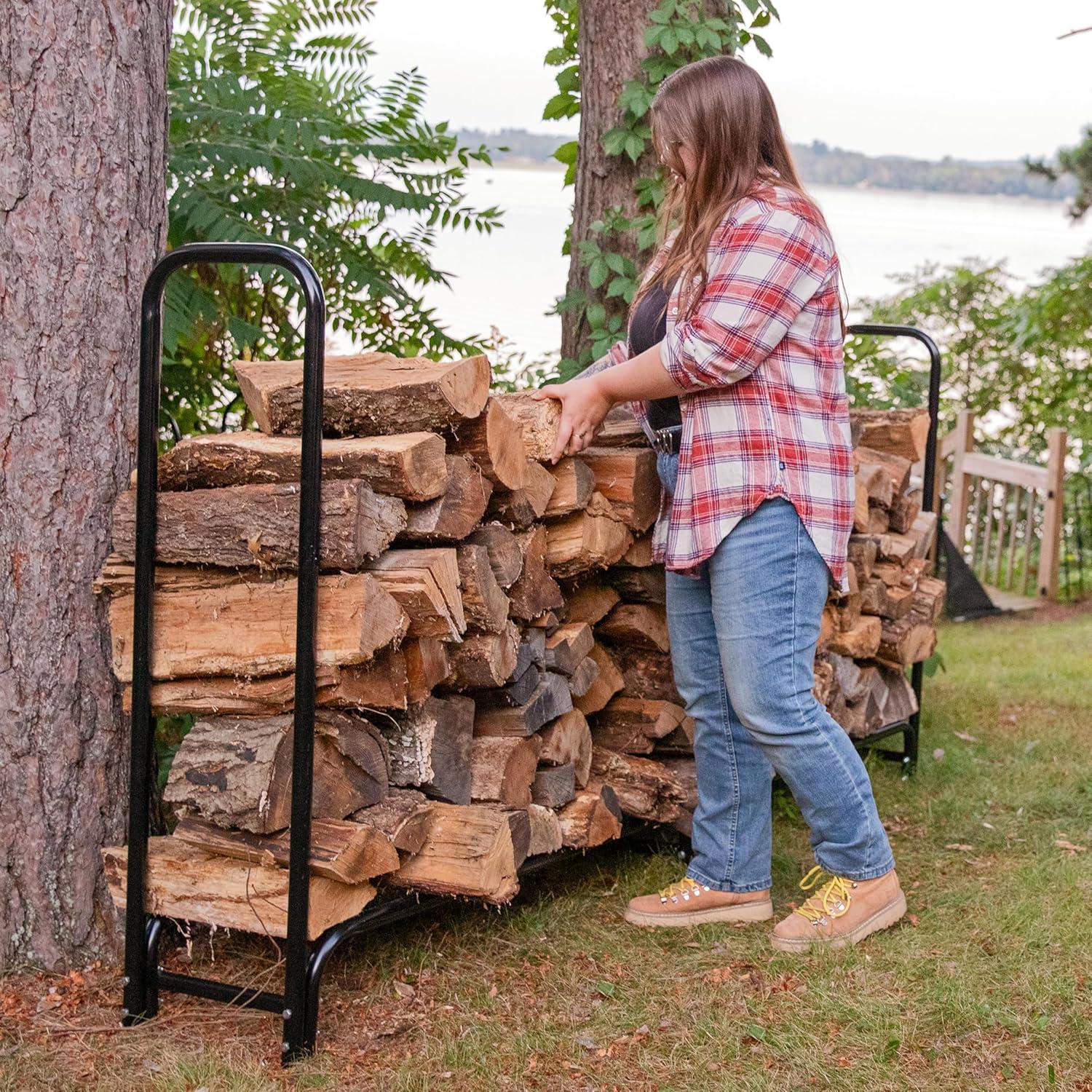 imageSunnydaze 8Foot Firewood Rack Outdoor Wood Storage Black HeavyDuty Log Holder Wood Rack for Firewood 1500lb Capacity