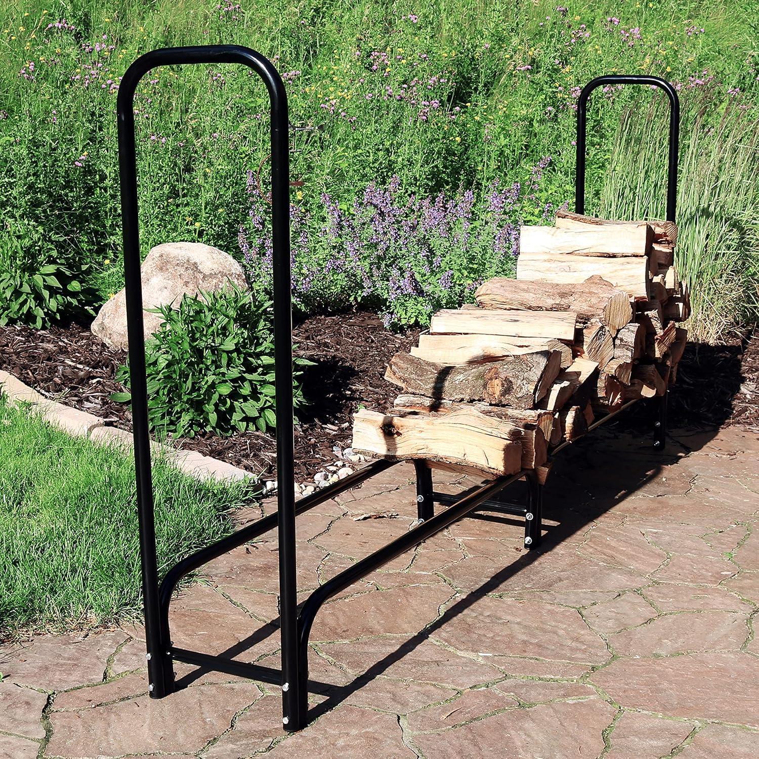 imageSunnydaze 8Foot Firewood Rack Outdoor Wood Storage Black HeavyDuty Log Holder Wood Rack for Firewood 1500lb Capacity